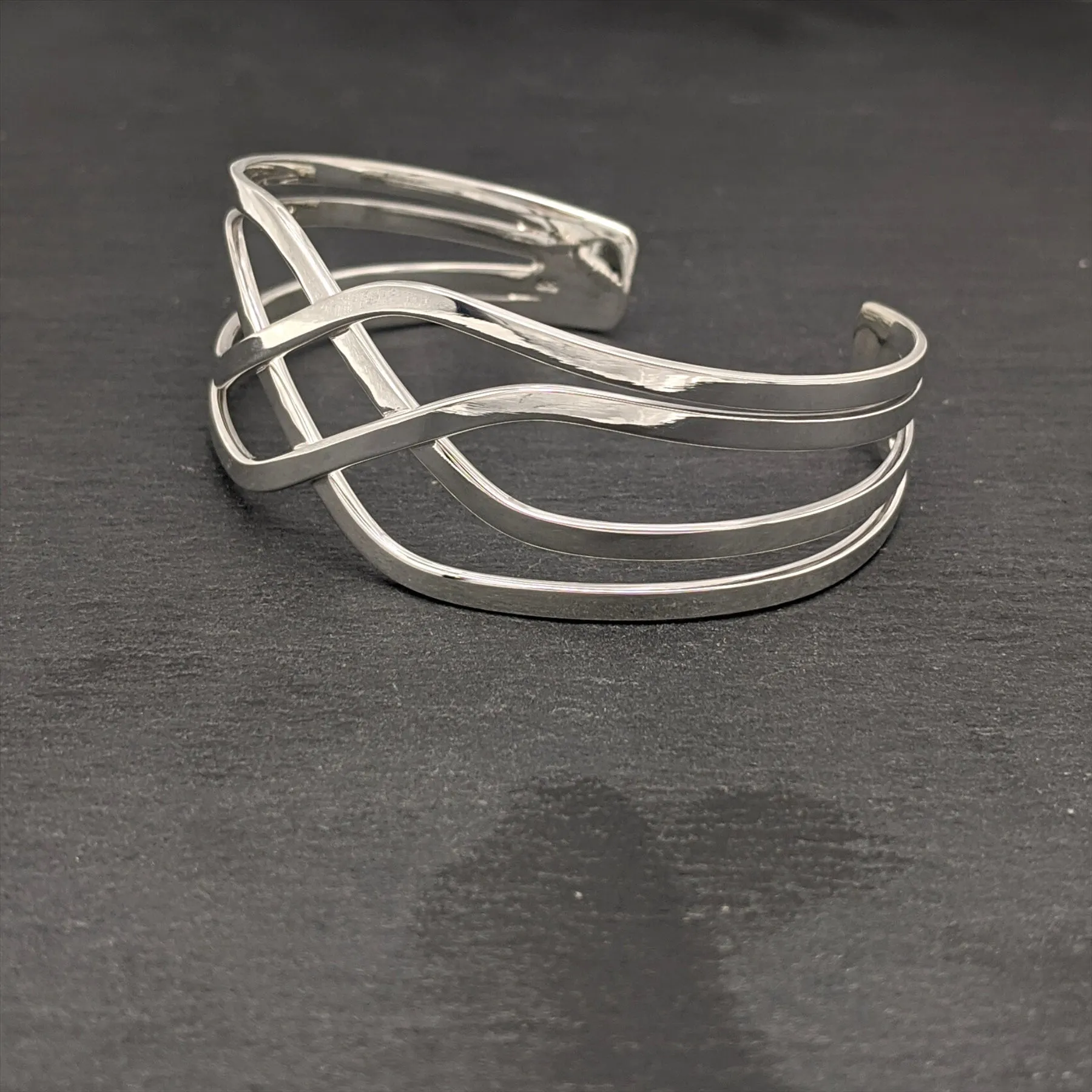 Sterling Silver Celtic Knot Wide Cuff Bangle - Woven Crossover Design