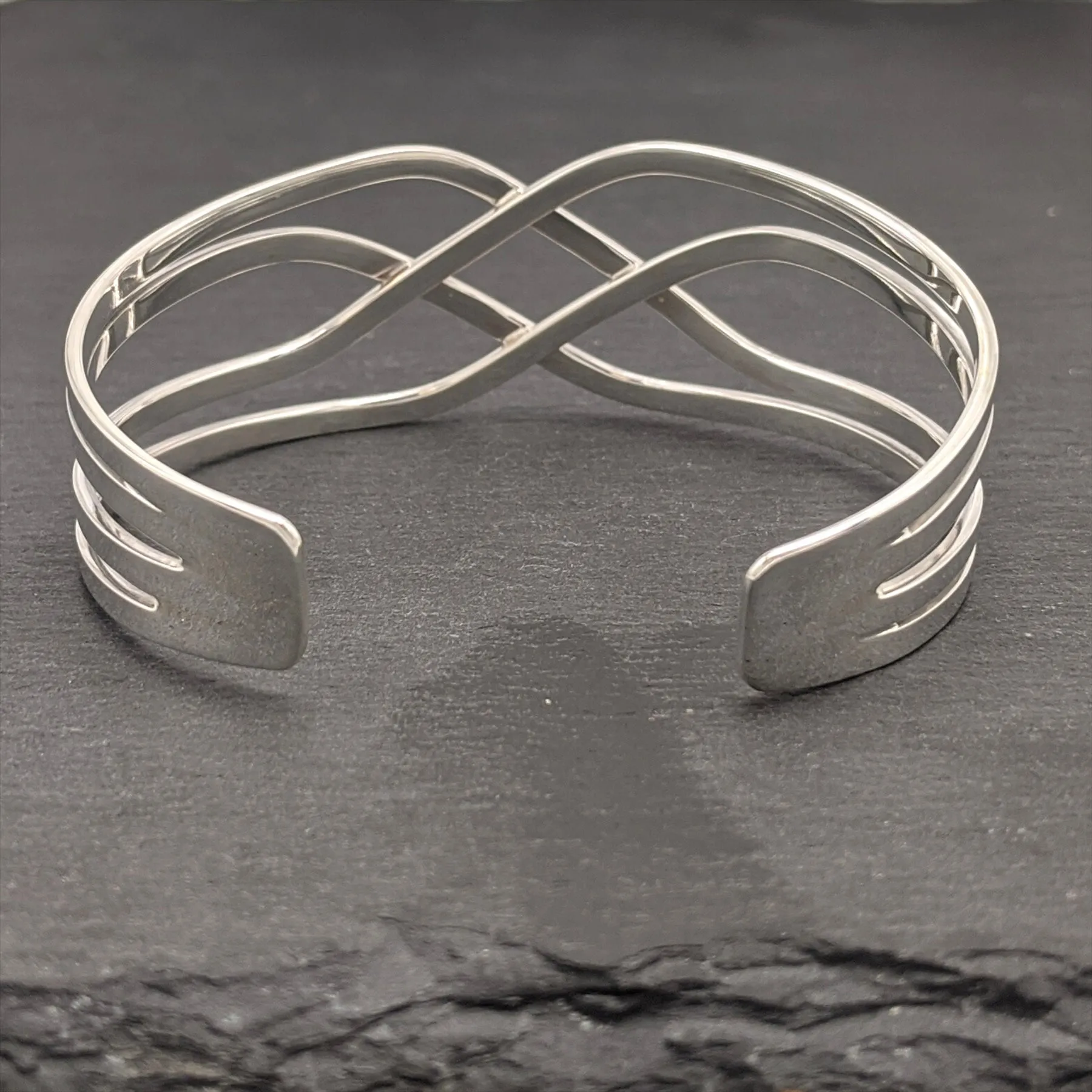 Sterling Silver Celtic Knot Wide Cuff Bangle - Woven Crossover Design