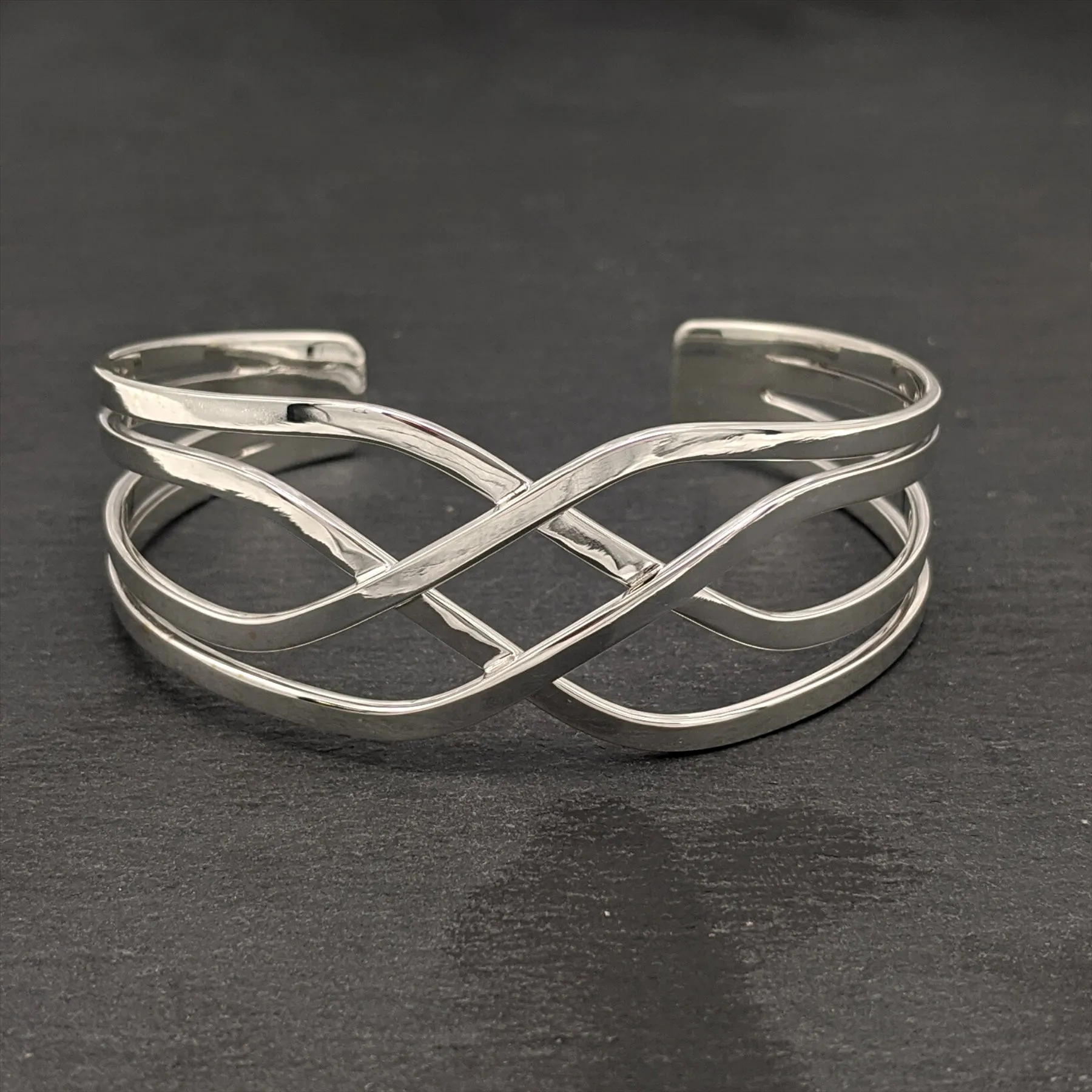 Sterling Silver Celtic Knot Wide Cuff Bangle - Woven Crossover Design