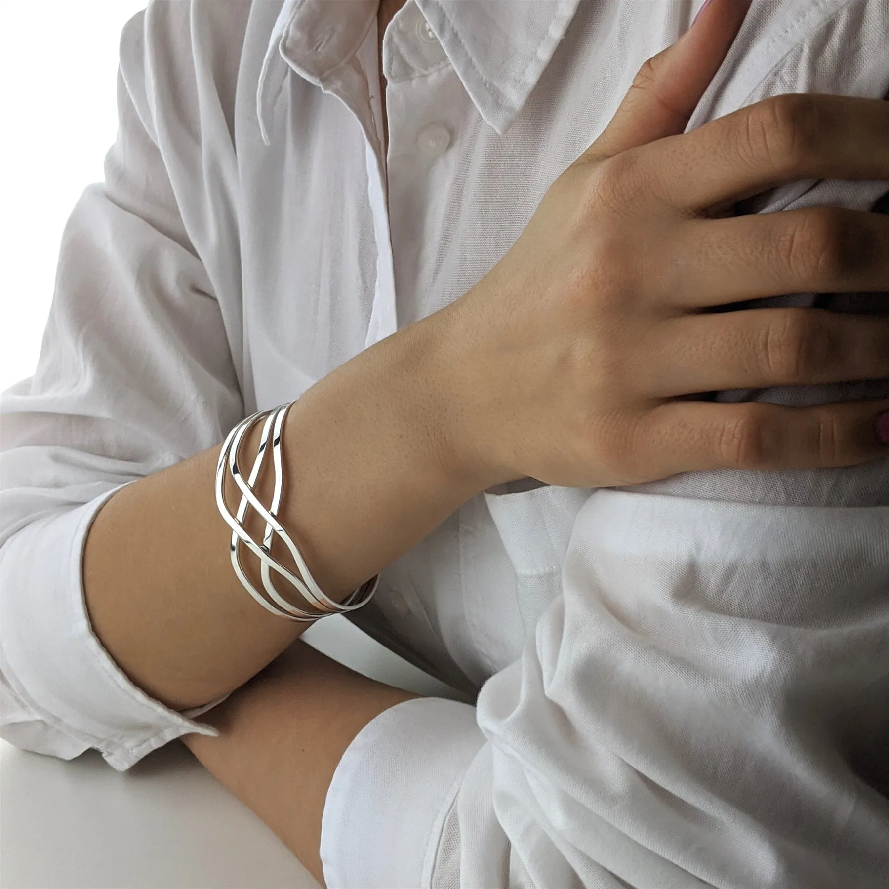 Sterling Silver Celtic Knot Wide Cuff Bangle - Woven Crossover Design