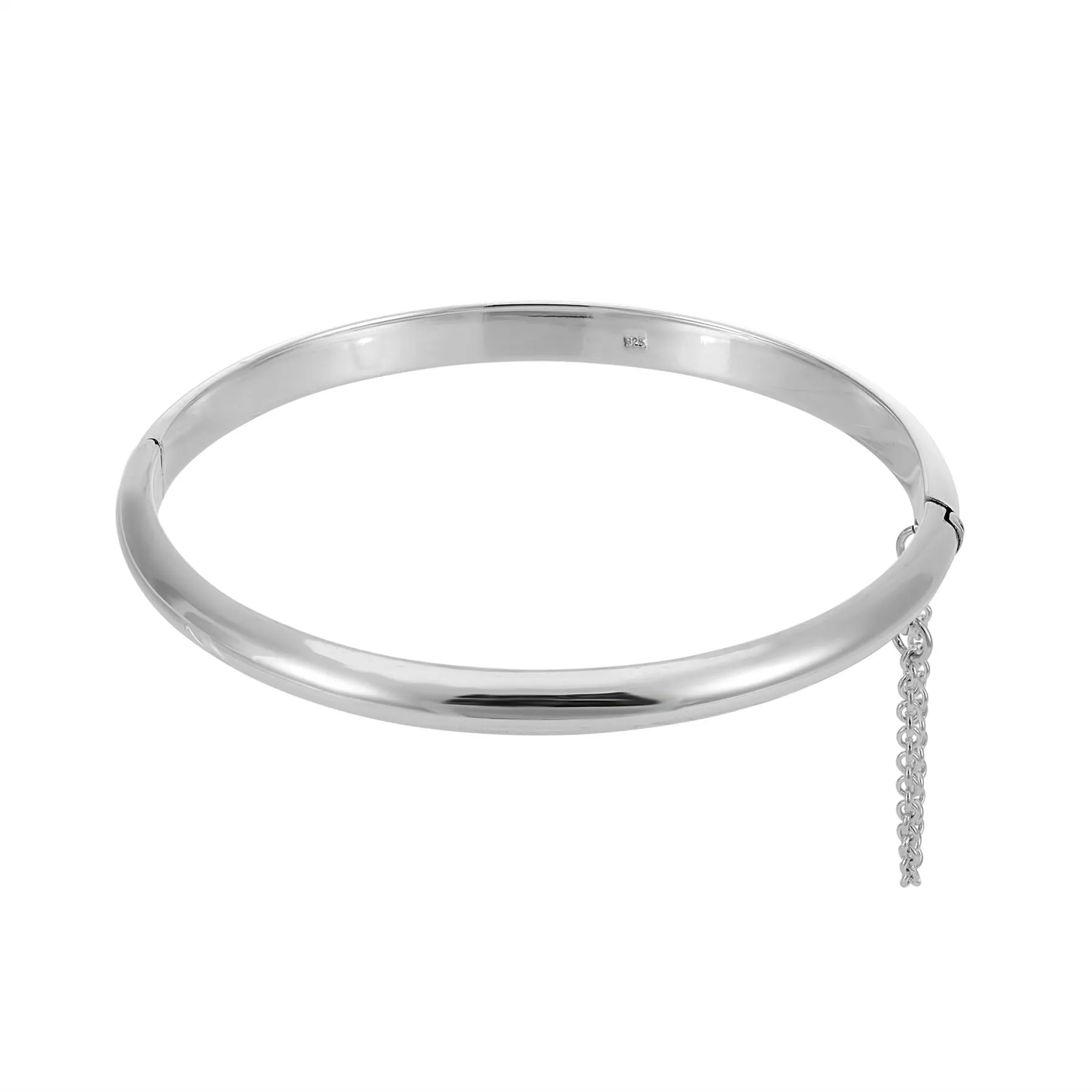 Sterling Silver Classic Hinged Bangle With Safety Chain - D-Shaped Design