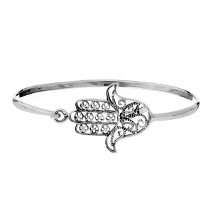 Sterling Silver Filigree Hamsa or Fatima Hand Bangle With Hook Clasp