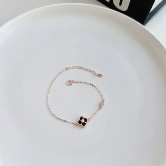 Sterling Silver Rose Gold Plated Black Lucky 4 Leaf Bracelet ERLB042