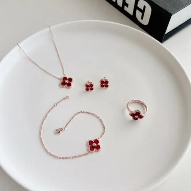 Sterling Silver Rose Gold Plated Red Lucky 4 Leaf Bracelet ERLB041