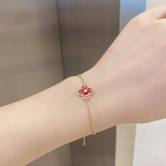 Sterling Silver Rose Gold Plated Red Lucky 4 Leaf Bracelet ERLB041