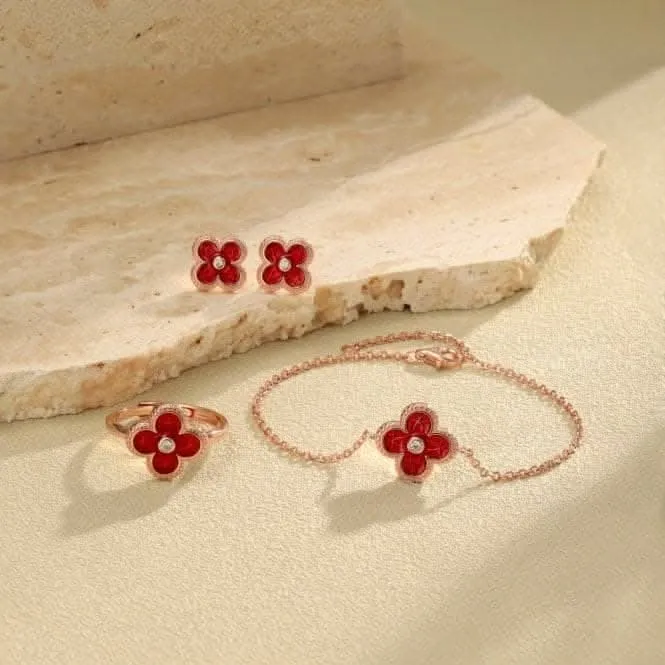 Sterling Silver Rose Gold Plated Red Lucky 4 Leaf Bracelet ERLB041