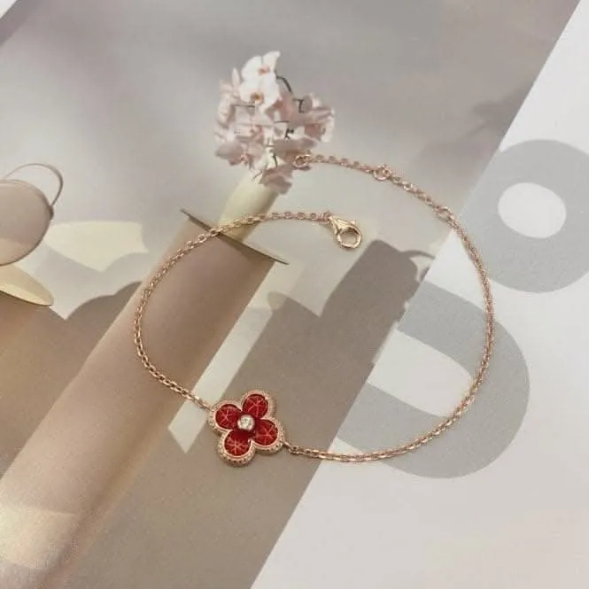Sterling Silver Rose Gold Plated Red Lucky 4 Leaf Bracelet ERLB041