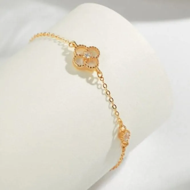 Sterling Silver Rose Gold Plated White Lucky 4 Leaf Bracelet ERLB043