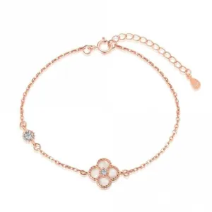 Sterling Silver Rose Gold Plated White Lucky 4 Leaf Bracelet ERLB043