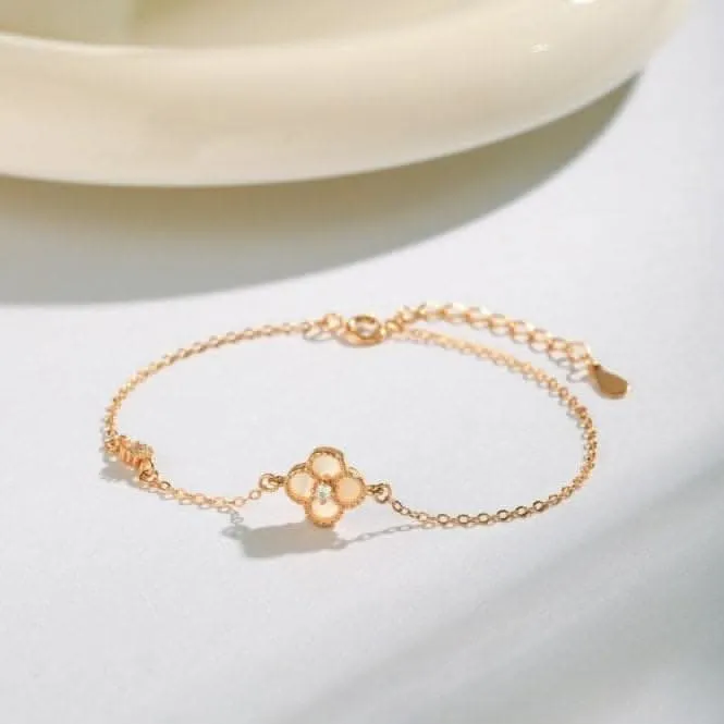 Sterling Silver Rose Gold Plated White Lucky 4 Leaf Bracelet ERLB043