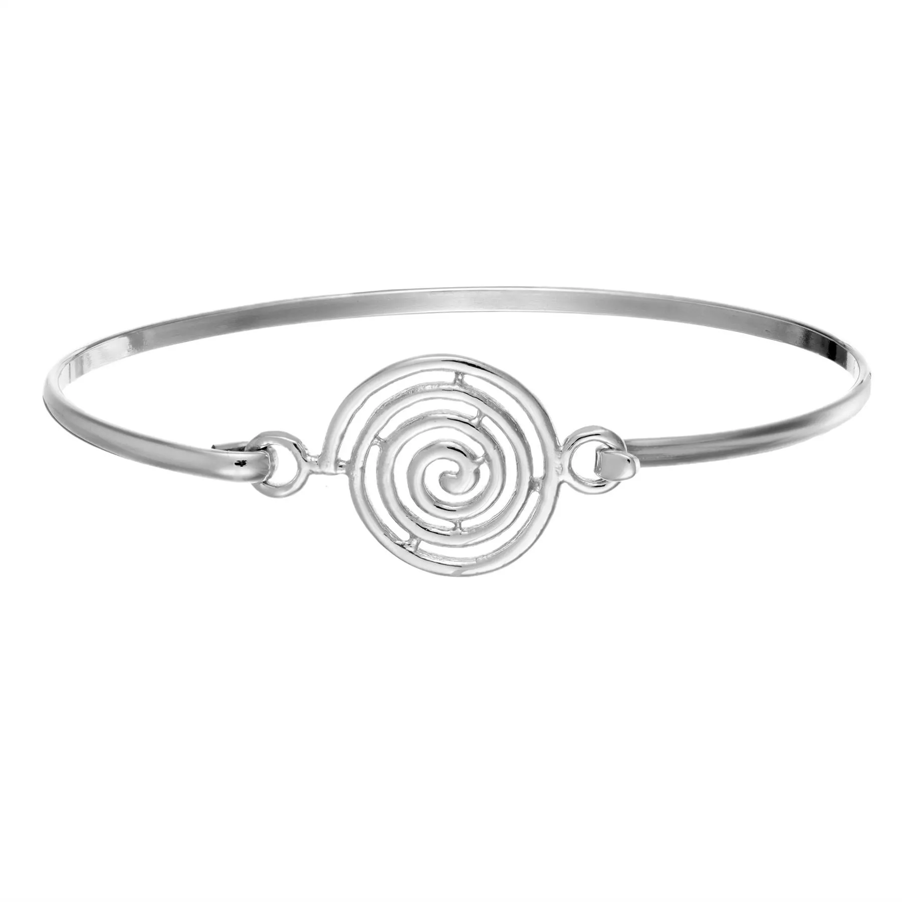 Sterling Silver Thin Elegant Round Spiral Bangle With Hook Clasp