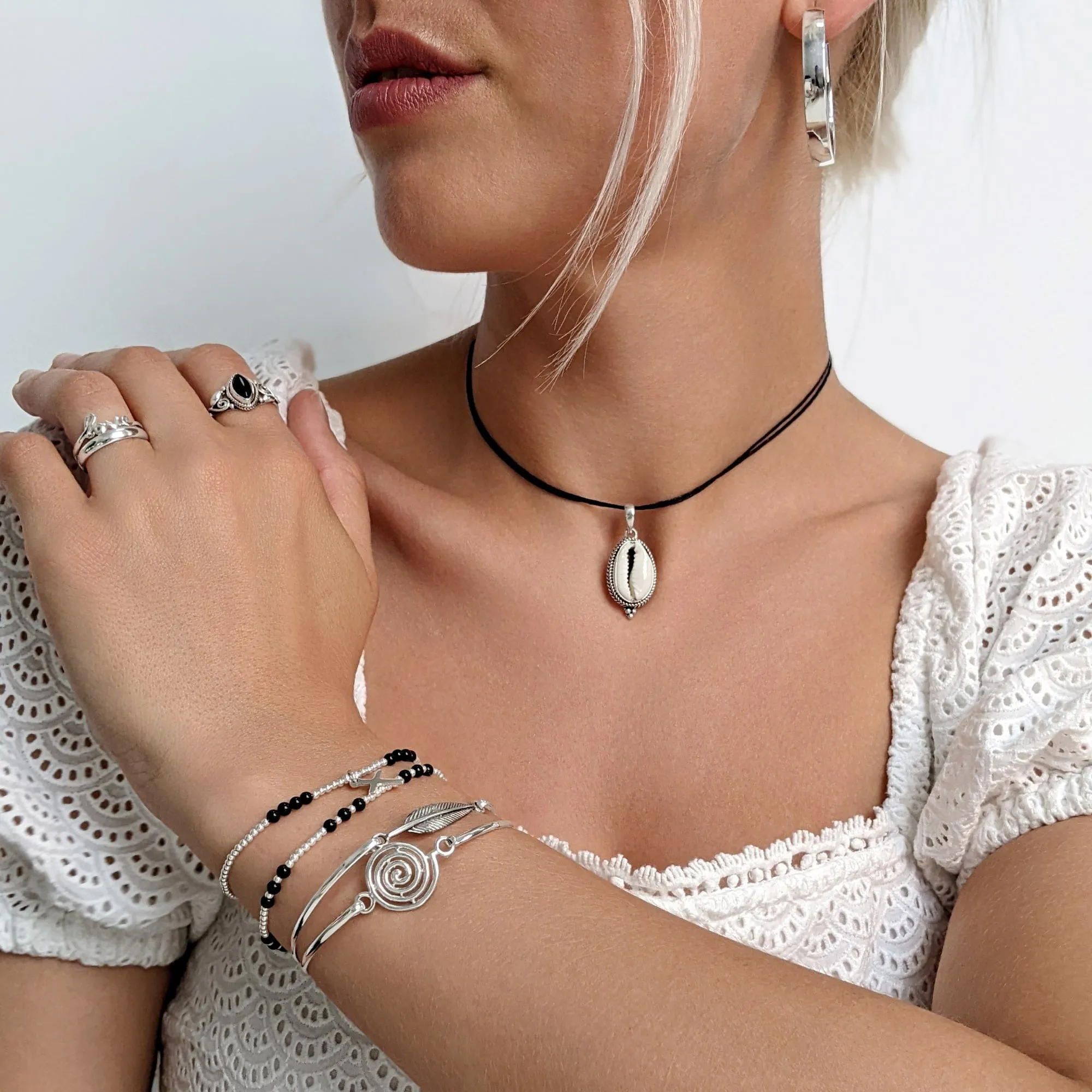 Sterling Silver Thin Elegant Round Spiral Bangle With Hook Clasp