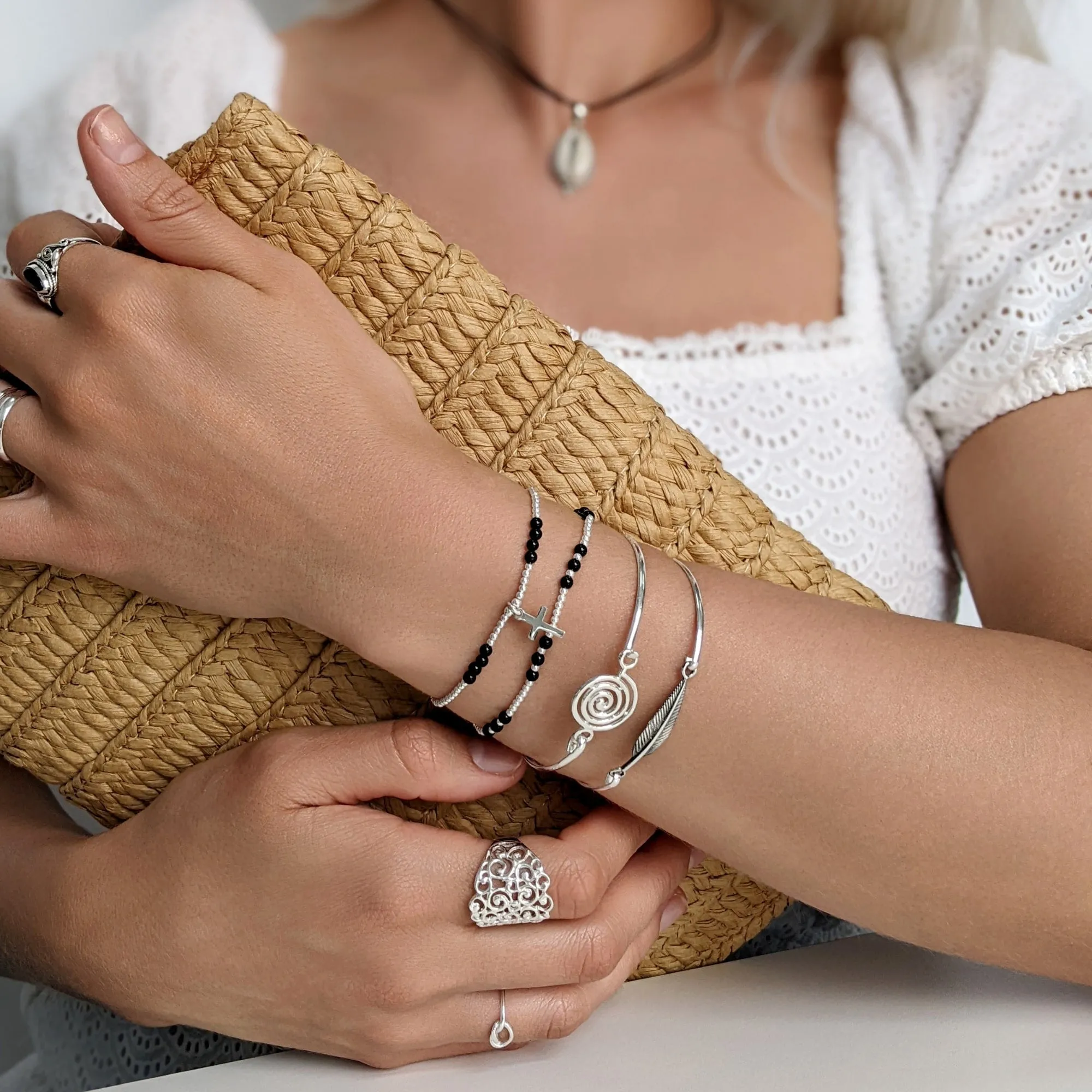 Sterling Silver Thin Elegant Round Spiral Bangle With Hook Clasp
