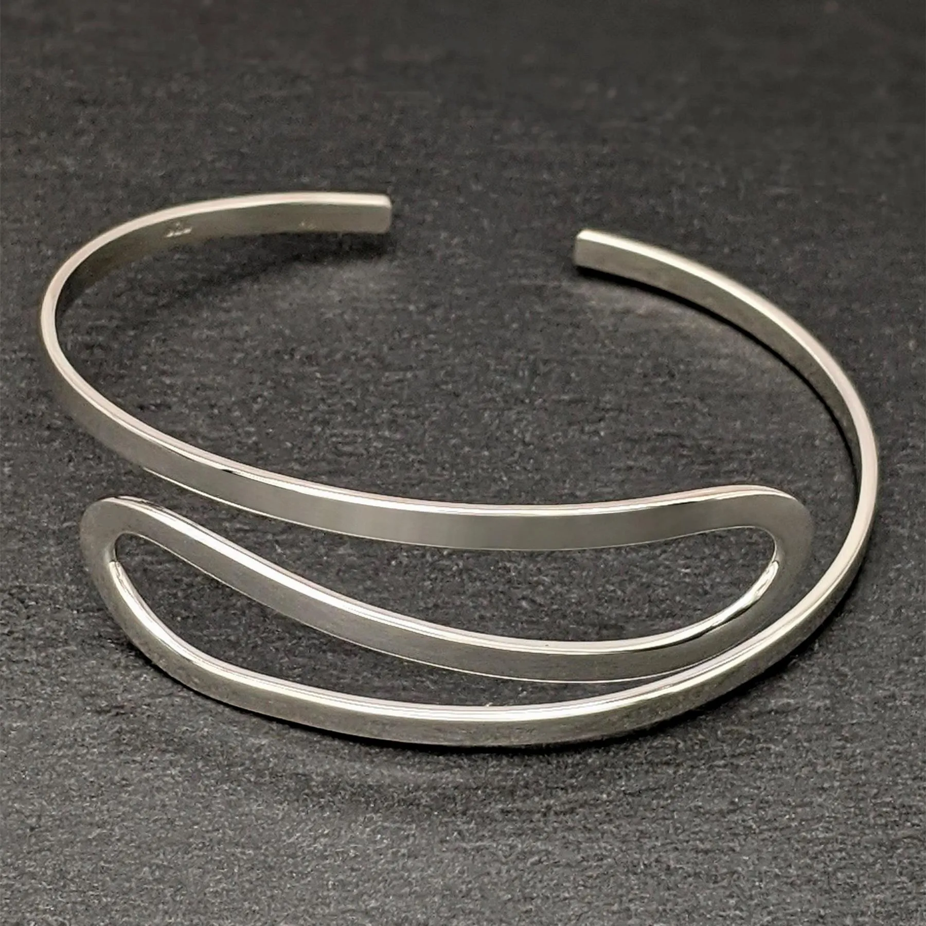 Sterling Silver Twist Loop Adjustable Open Cuff Bangle - Modern Wave Bracelet
