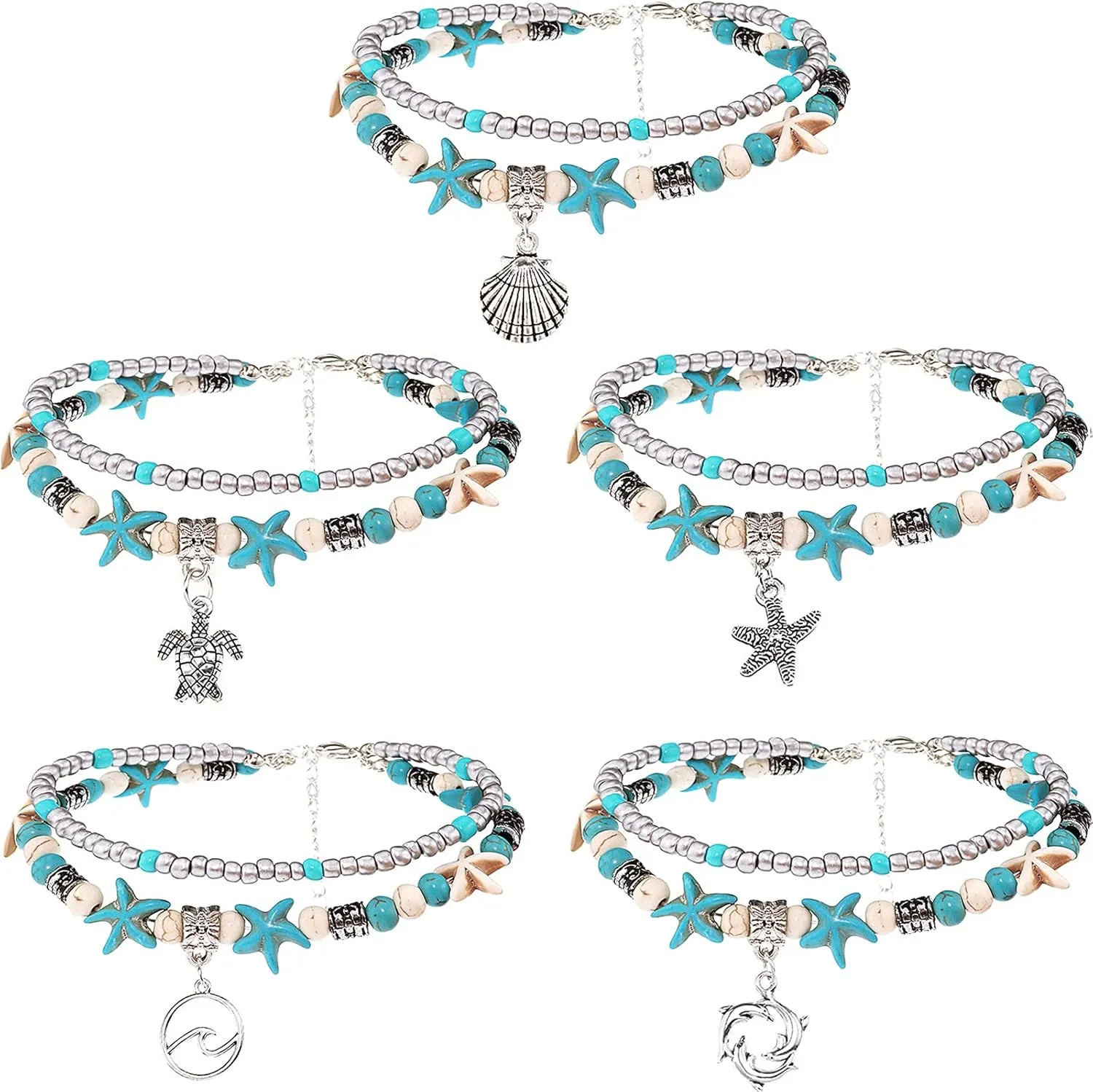 Suyi 5pcs Ankle Bracelets for Women Layered Beach Adjustable Anklets Boho Chain Anklet Foot Jewelry
