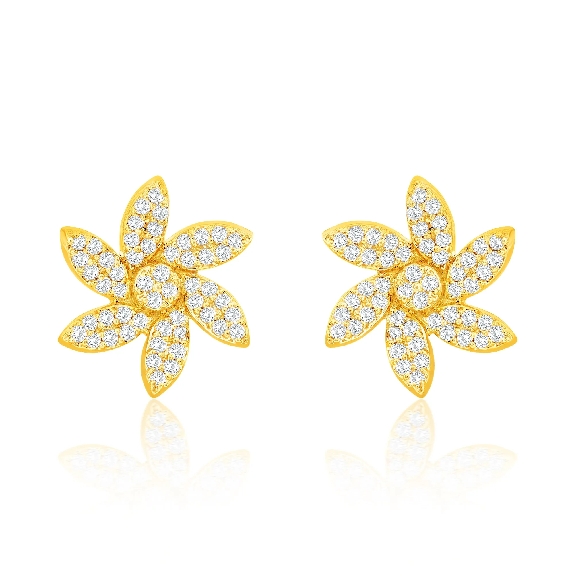 Suzy Levian 14K Yellow Gold .20 cttw Diamond Pave Curved Flower Stud Earrings