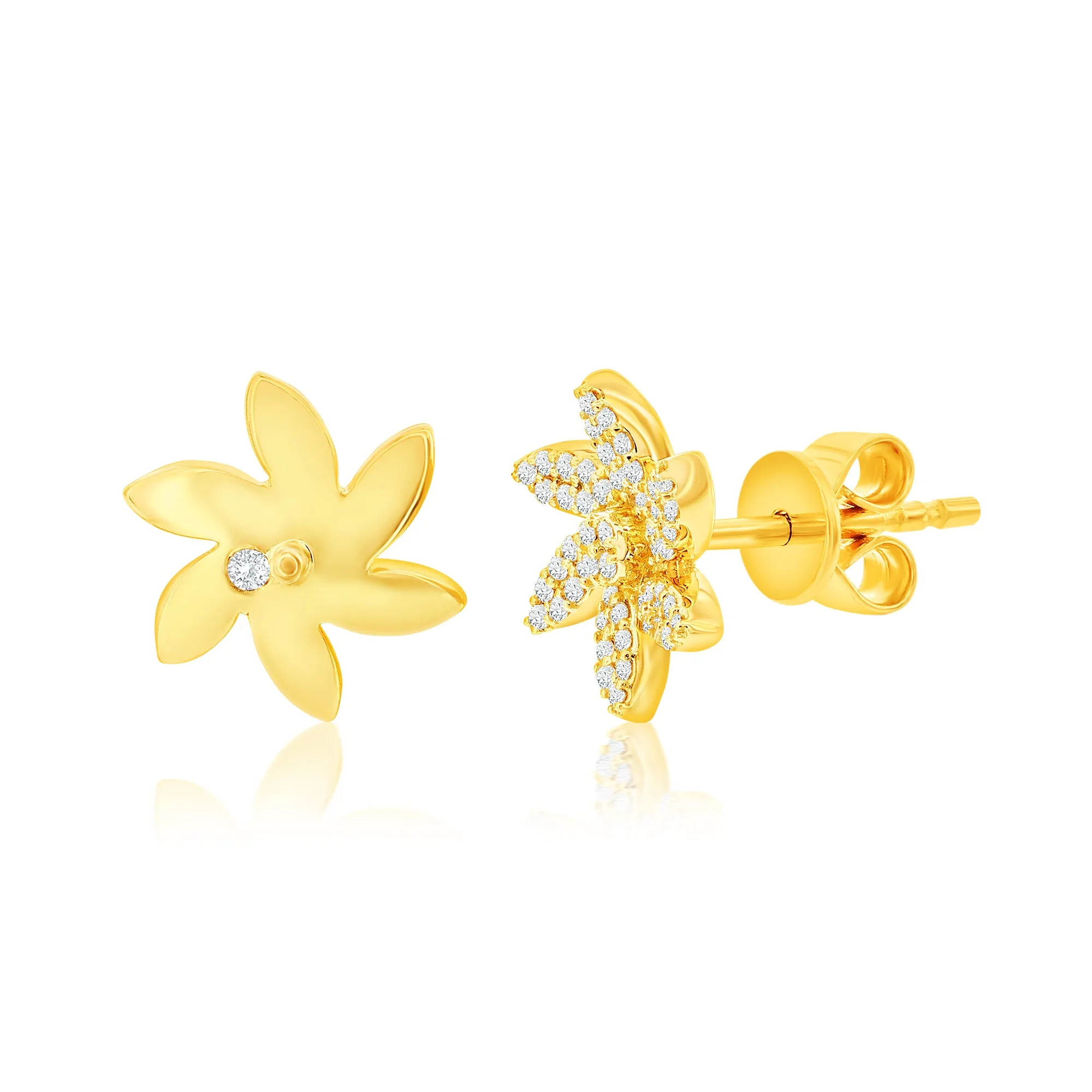 Suzy Levian 14K Yellow Gold .20 cttw Diamond Pave Curved Flower Stud Earrings
