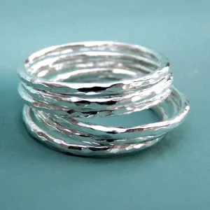 Thin Sterling Silver Stacking Ring Set - Hand Hammered - Set of  Six
