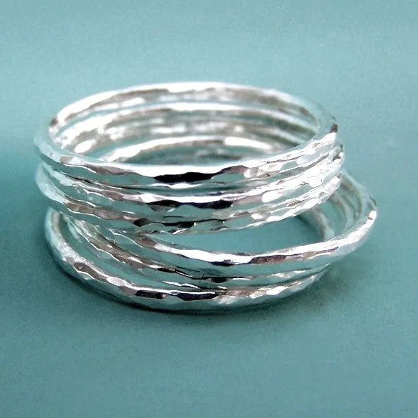 Thin Sterling Silver Stacking Ring Set - Hand Hammered - Set of  Six