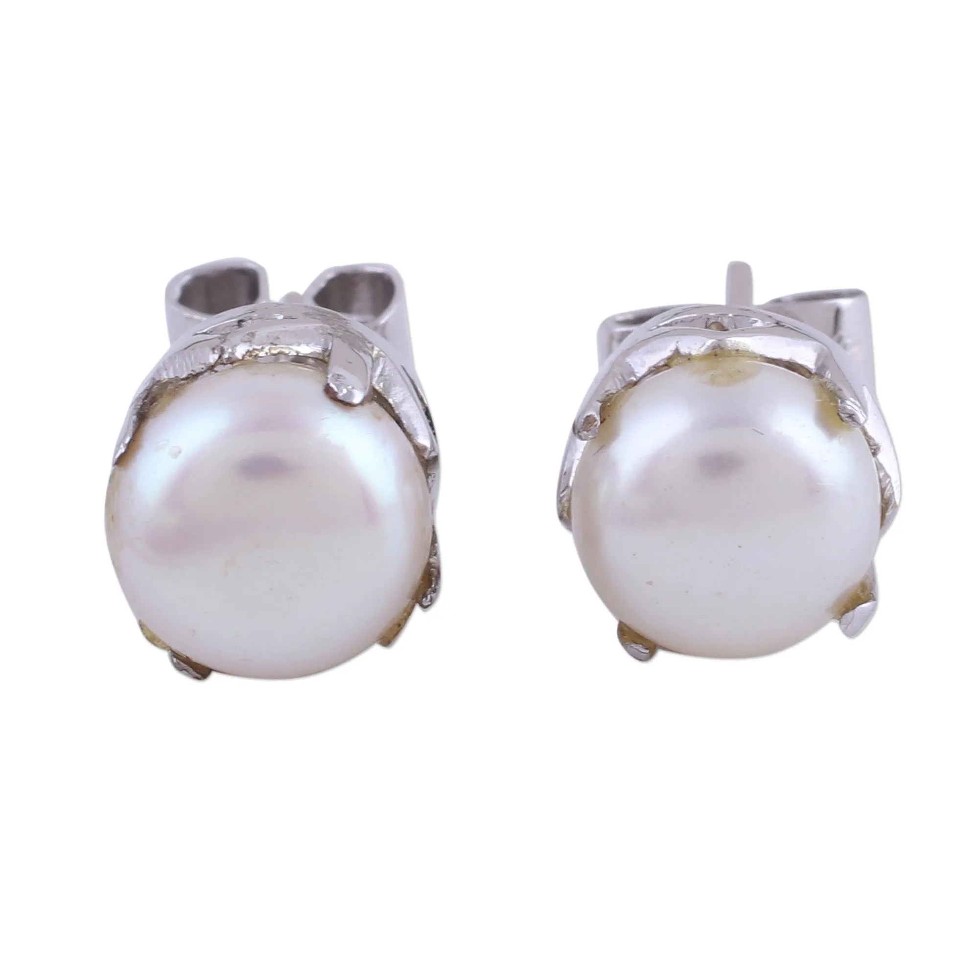Timeless Appeal Rhodium Plated Cultured Pearl Stud Earrings from India