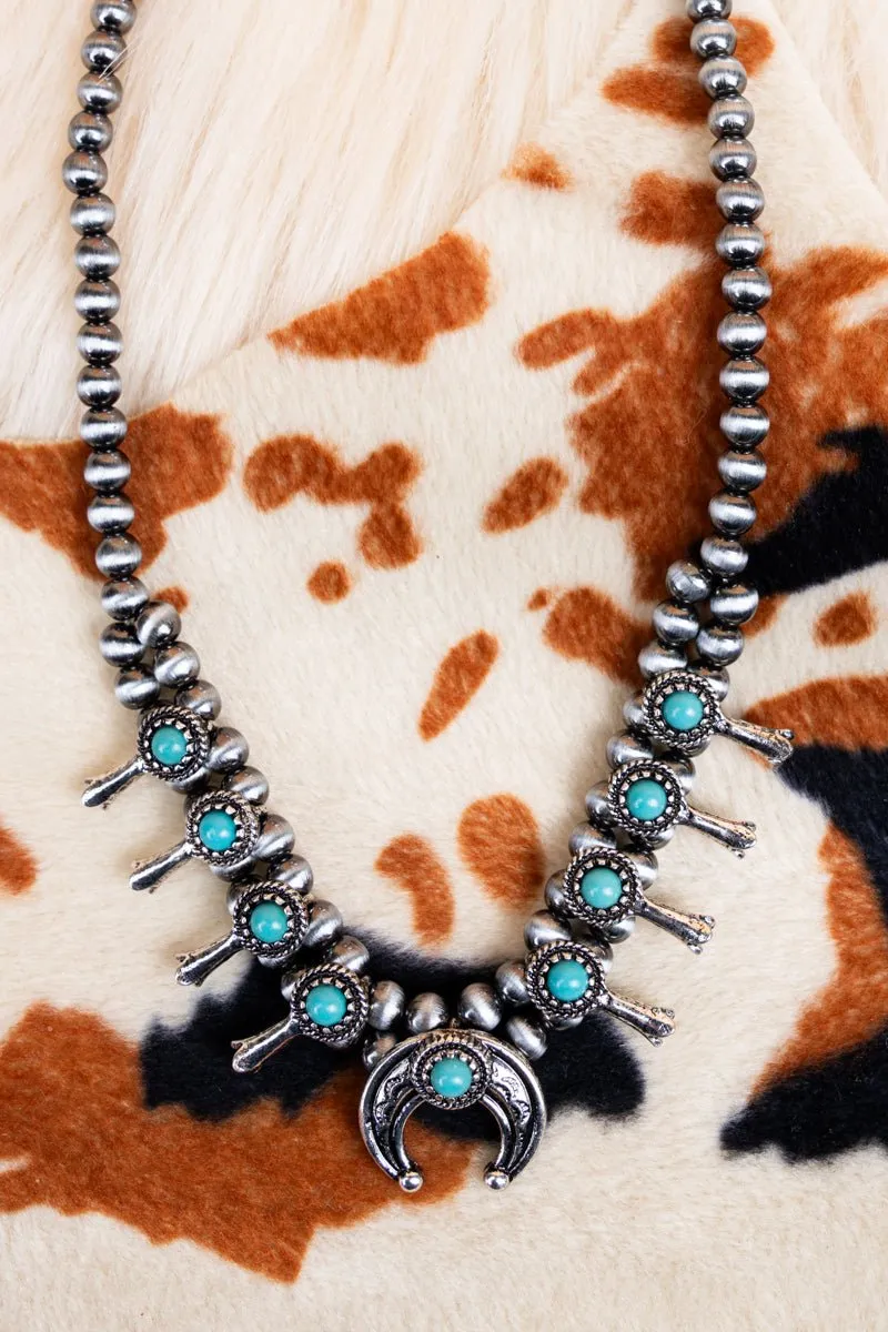 TIPI Shenandoah Turquoise Squash Blossom Silver Pearl Necklace
