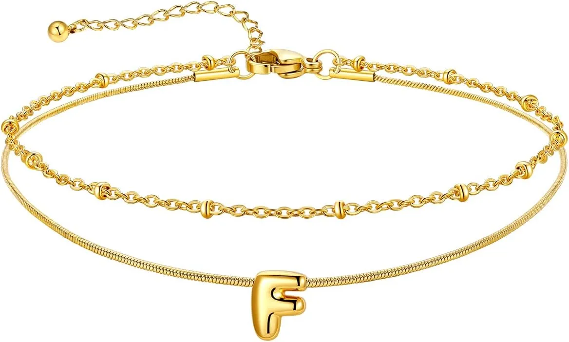 U7 Gold Letter Ankle Bracelets for Women Waterproof,14K Gold Plated Layered Initial Anklets No Tainish,Adjustable Summer Beach Foot Jewelry