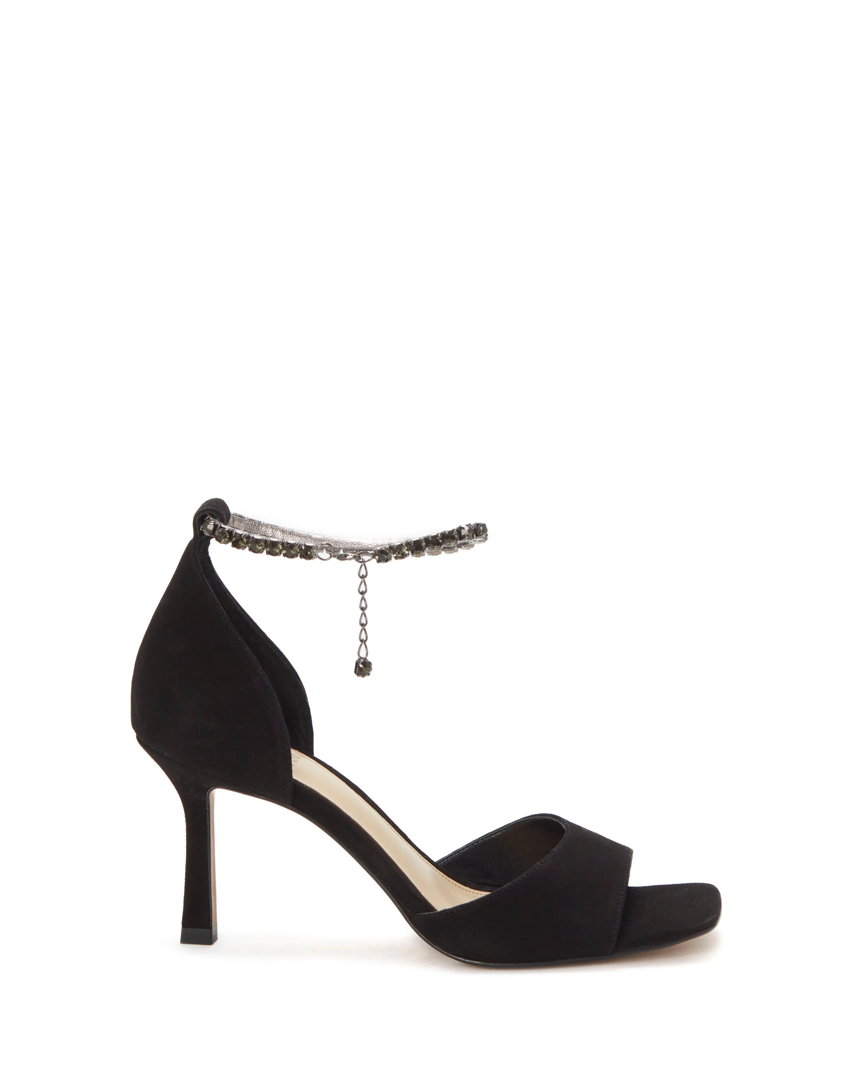 Vince Camuto Evensa Black Suede Square Open Toe Ankle Strap Dress Pump Sandal