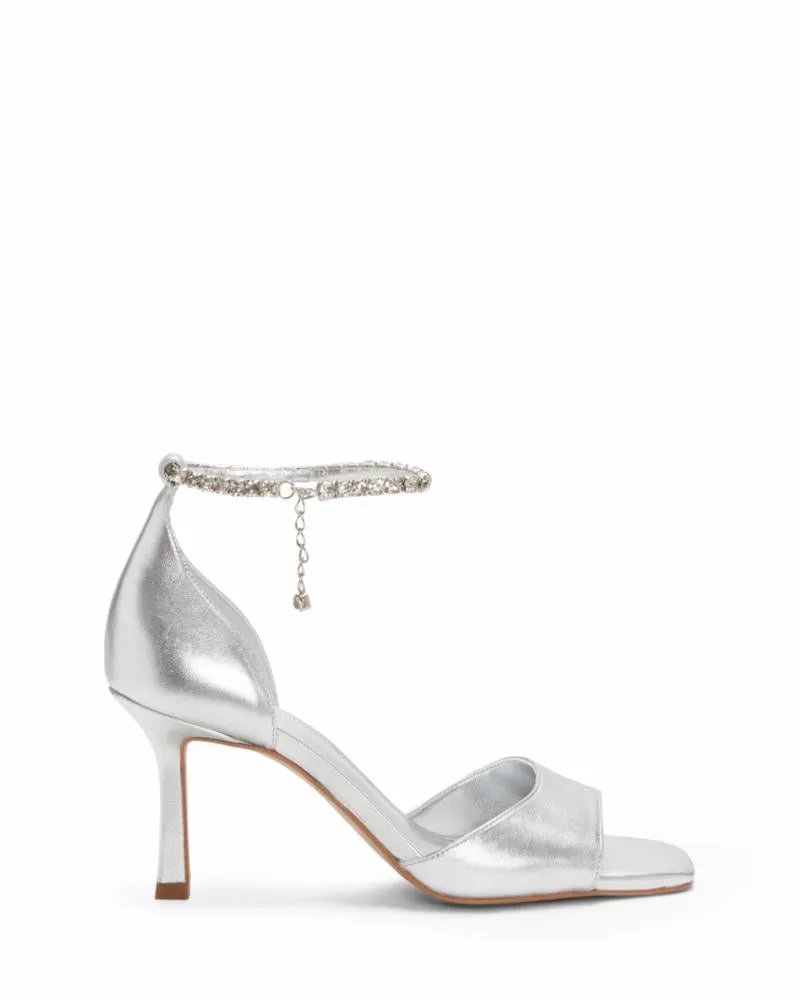 Vince Camuto Evensa Pewter Leather Square Open Toe Ankle Strap Dress Pump Sandal