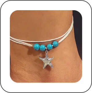 Vintage Layered Starfish Anklet White Leather Anklet Bracelet Turquoise Bead Anklet Starfish Turquoise Anklet Adjustable Leather Rope Anklet Foot Chain Jewelry for Women