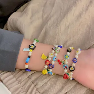 Wholesale Colorful Glaze Flower Beaded Pearl Alloy Bracelet