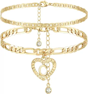 YANODA Initial Ankle Bracelets for Women 14K Gold Plated Layered Figaro Chain Letter Initial Anklets Handmade Layered Heart Ankle Bracelets Personalized Jewelry for Women